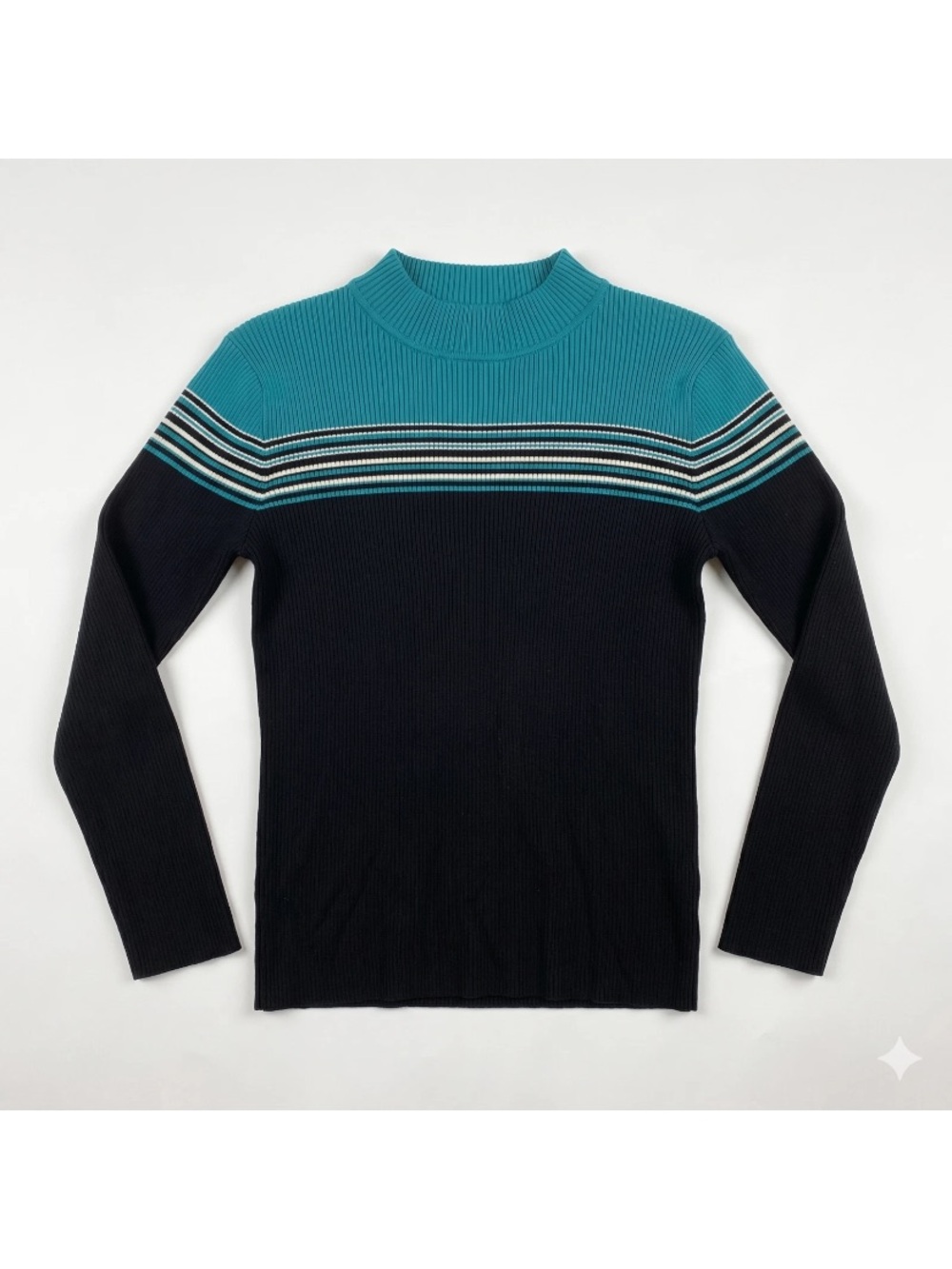 Appleseed's Teal and Black Ribbed Crewneck with Contrast Stripes